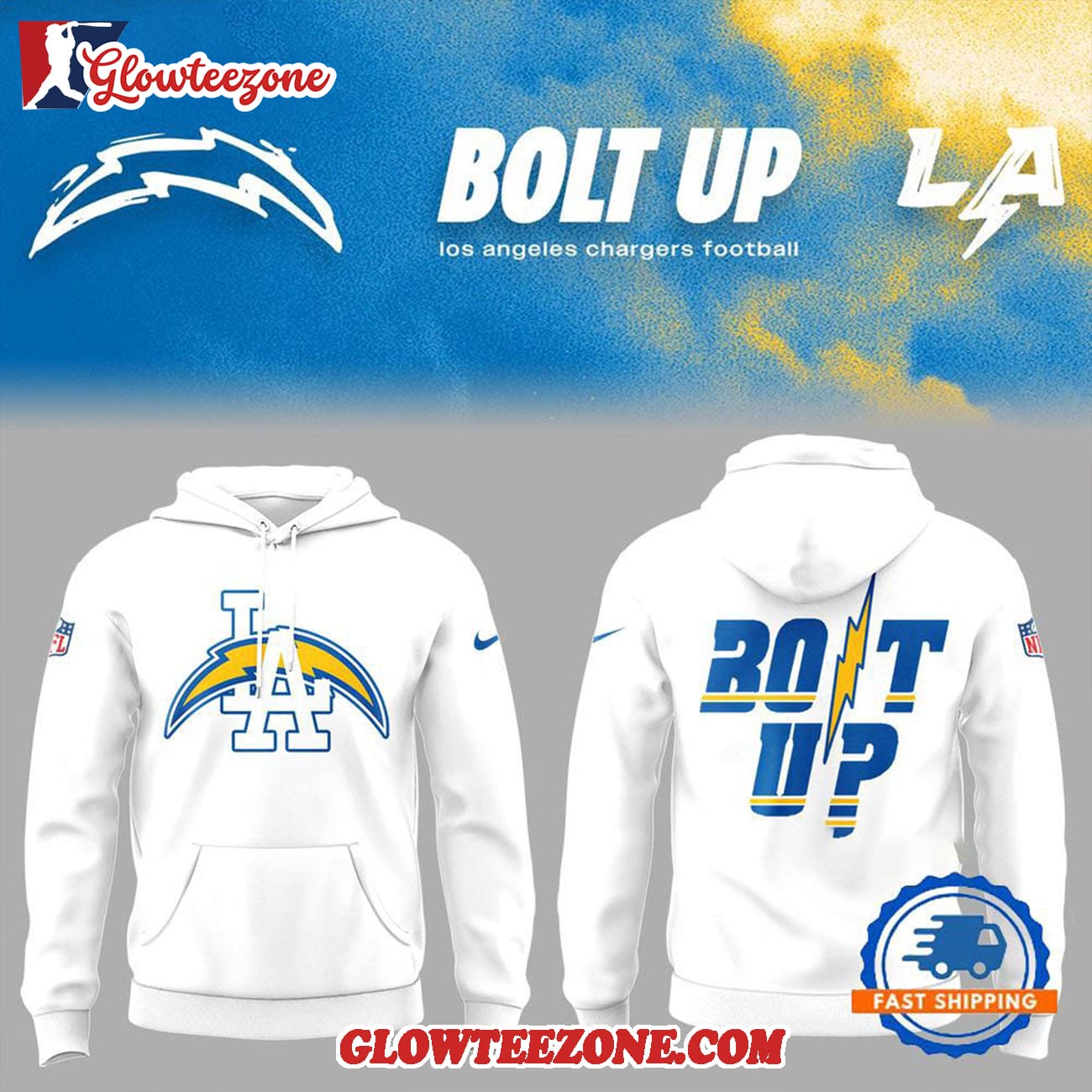 Los Angeles Chargers Bolt Up Shirt 2025 White Hoodie Shirt 2 1