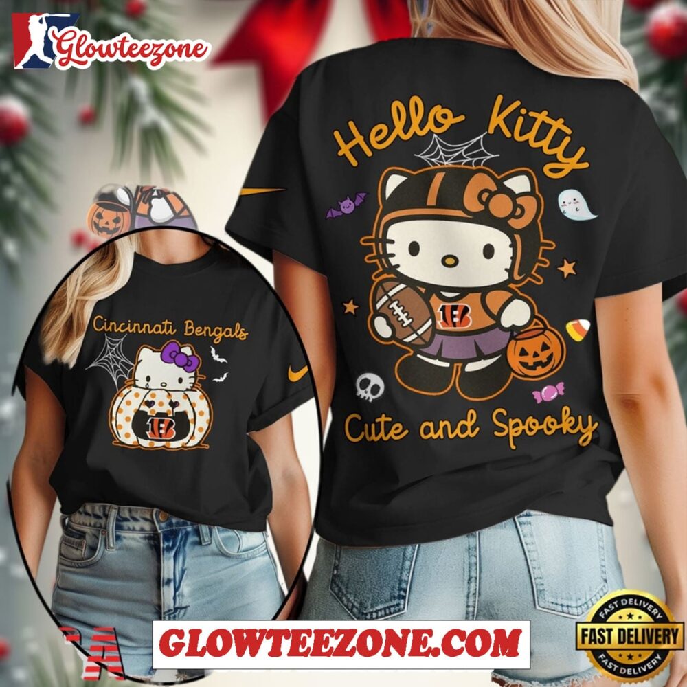 Cincinnati Bengals Nfl Hello Kitty Cute And Spooky Halloween Womens Black Shirt 1