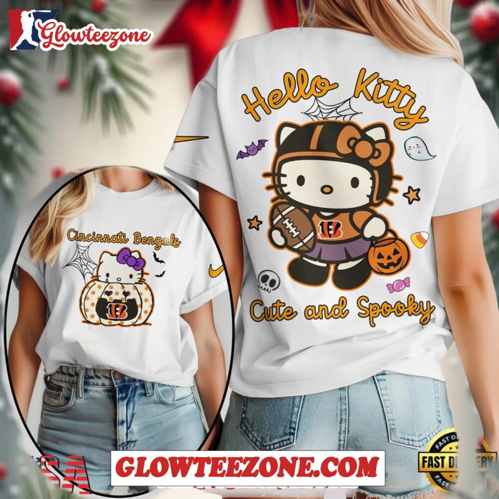 Cincinnati Bengals Nfl Hello Kitty Cute And Spooky Halloween Womens White Shirt 1