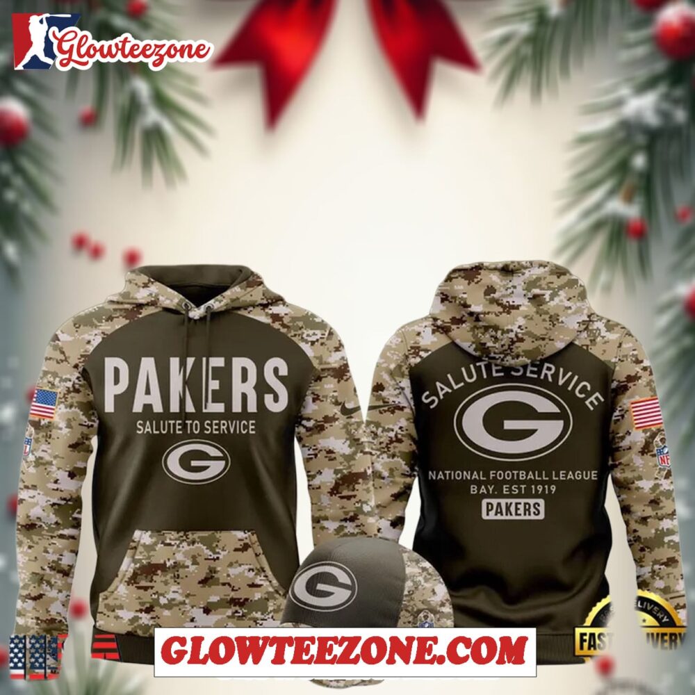 Green Bay Packers Nike Olive camo Salute To Service 2025 Hoodie 1