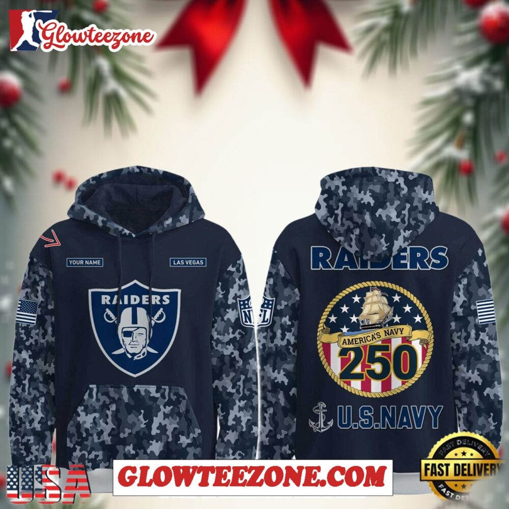 Las Vegas Raiders Nfl X Us Navy Veteran 250th Birthday 2025 Camo Custom Name Hoodie 1