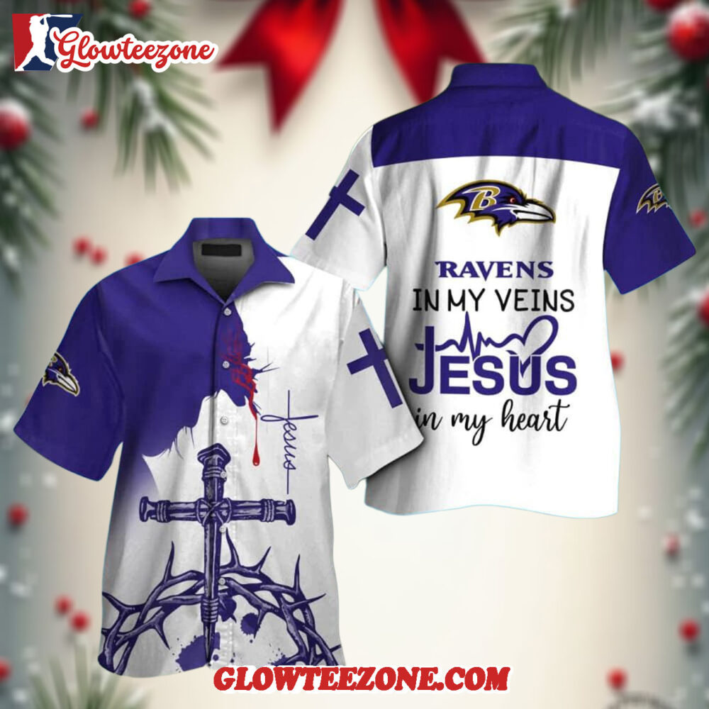 Nfl Baltimore Ravens In My Veins Jesus Im My Heart Hawaiian Shirt 1