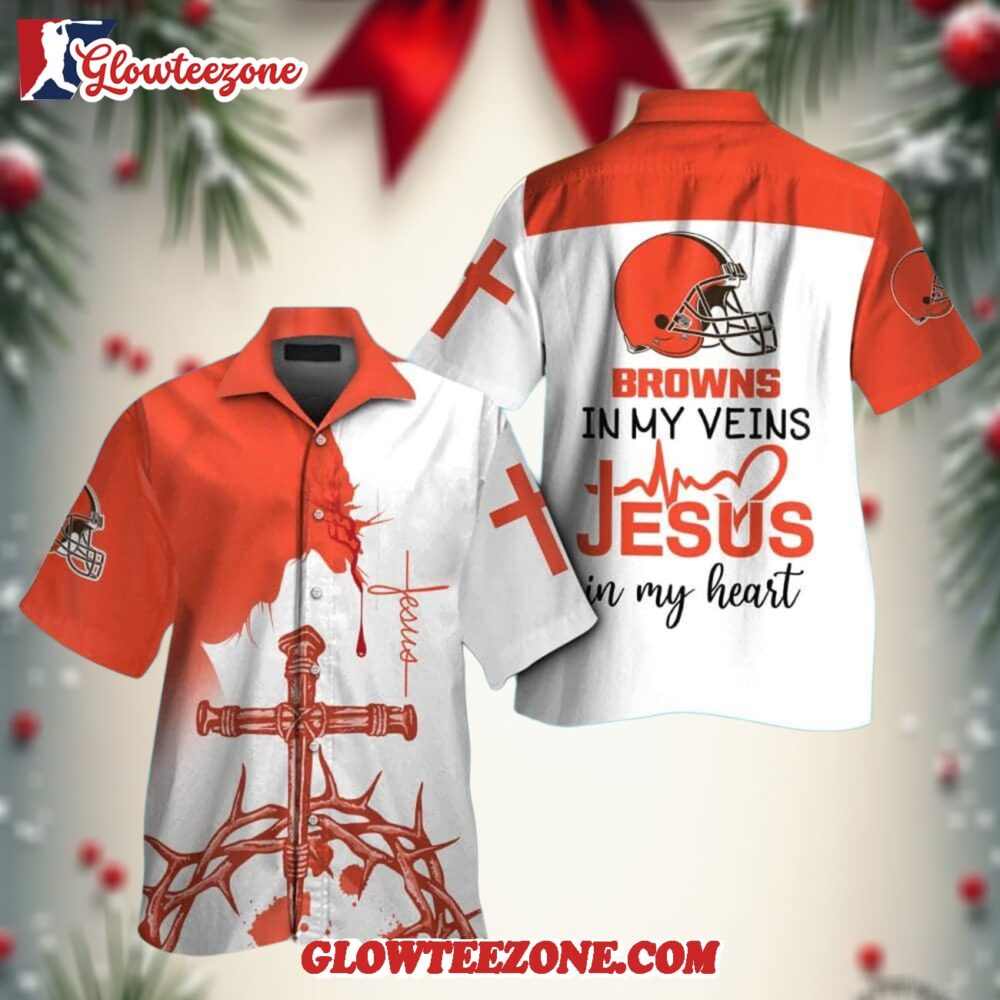 Nfl Cleveland Browns In My Veins Jesus Im My Heart Hawaiian Shirt 1