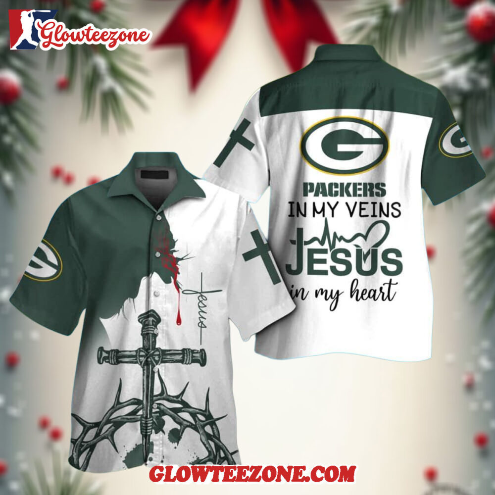 Nfl Green Bay Packers In My Veins Jesus Im My Heart Hawaiian Shirt 1