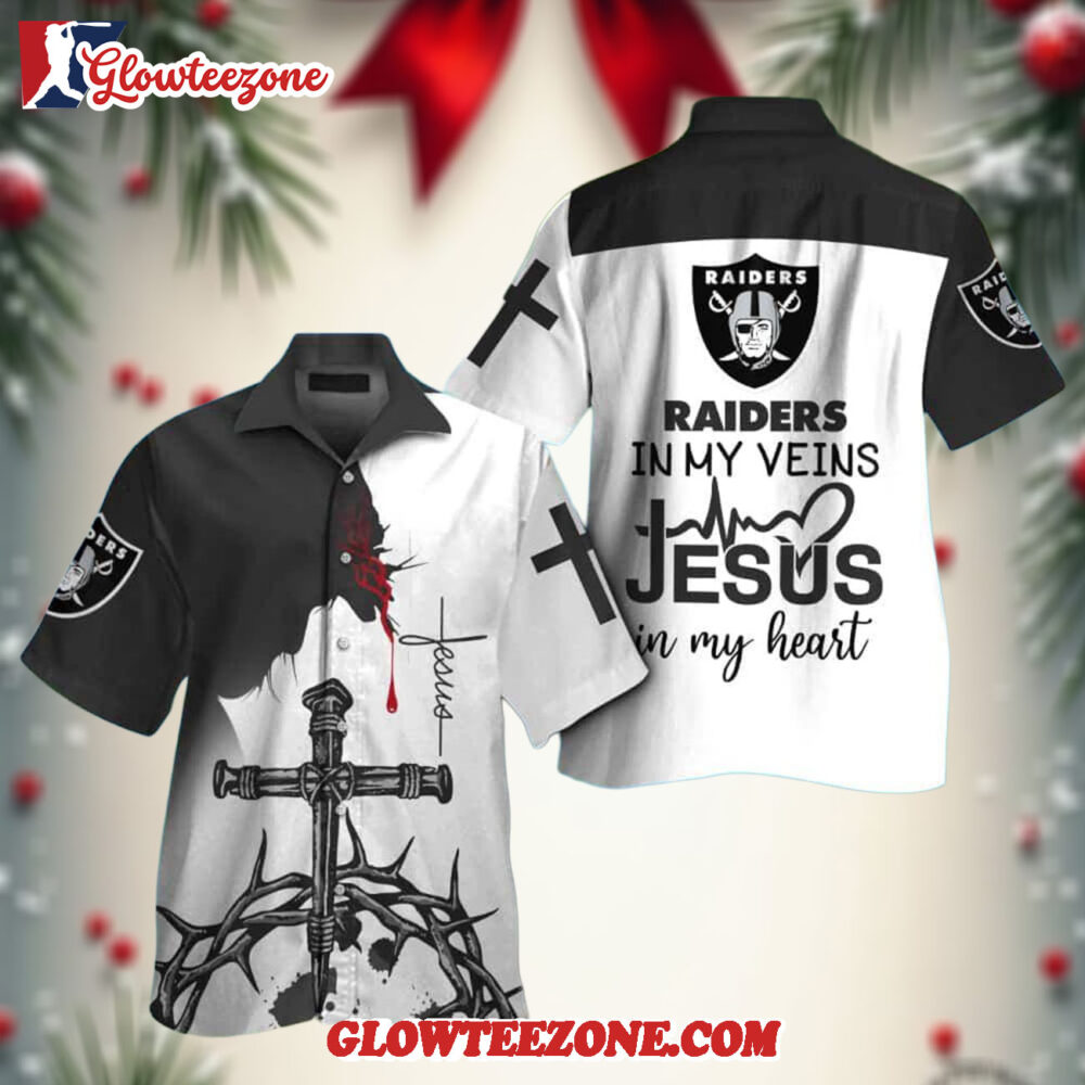 Nfl Las Vegas Raiders In My Veins Jesus Im My Heart Hawaiian Shirt 1