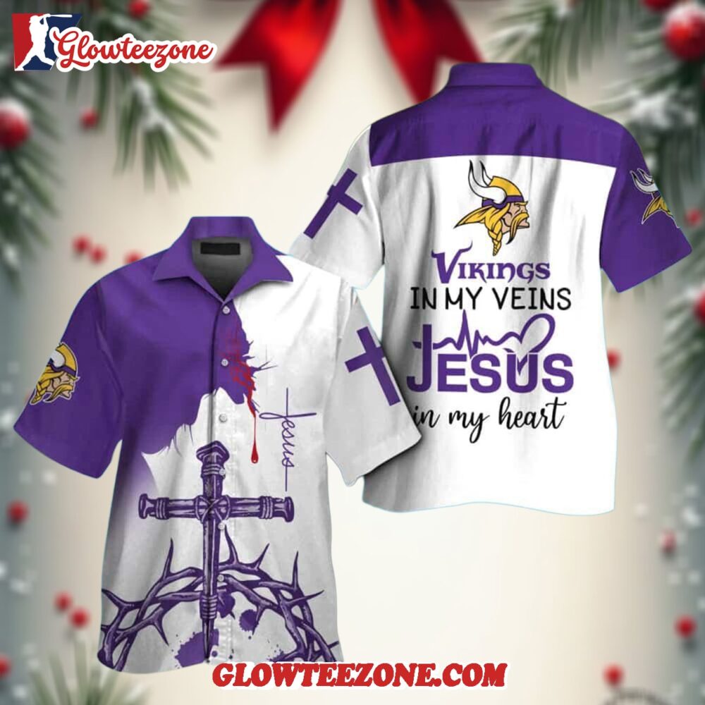Nfl Minnesota Vikings In My Veins Jesus Im My Heart Hawaiian Shirt 1