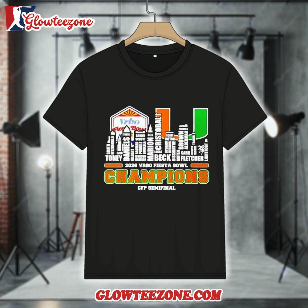 Miami Hurricanes CFP Fiesta Bowl Champions 2025 26 player name city skyline Shirt 1