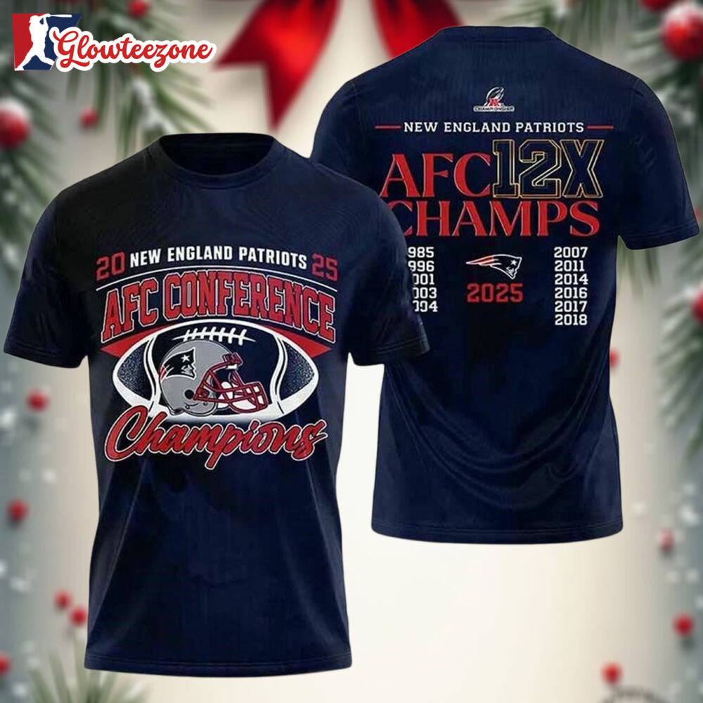 New England Patriots 2025 AFC 12x Champions Bowl Lx Two Sided Shirt