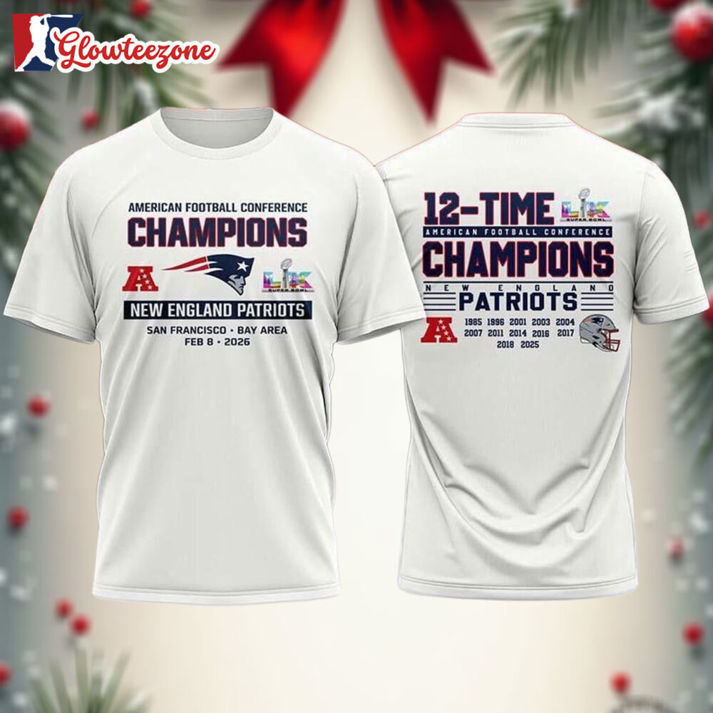 New England Patriots 2025 AFC Champions 12 time White Two Sided Shirt