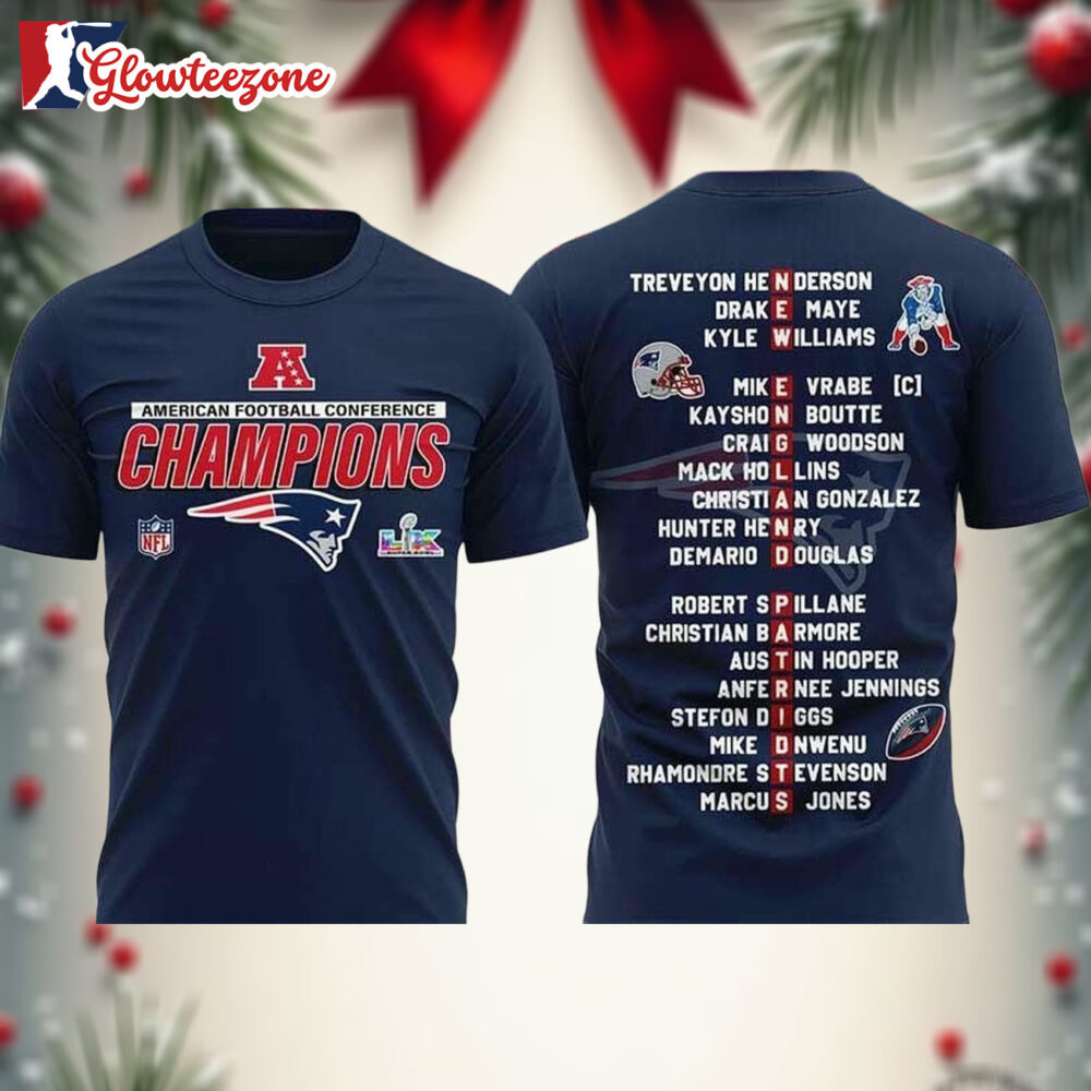 New England Patriots 2025 AFC Champions Player Name Two Sided Shirt