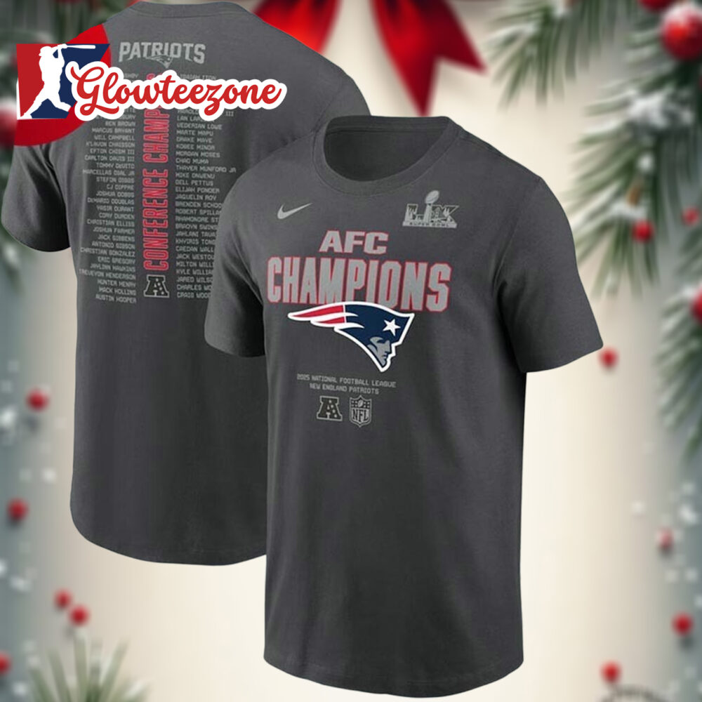 New England Patriots Nike 2025 AFC Champions Roster Two Sided Shirt