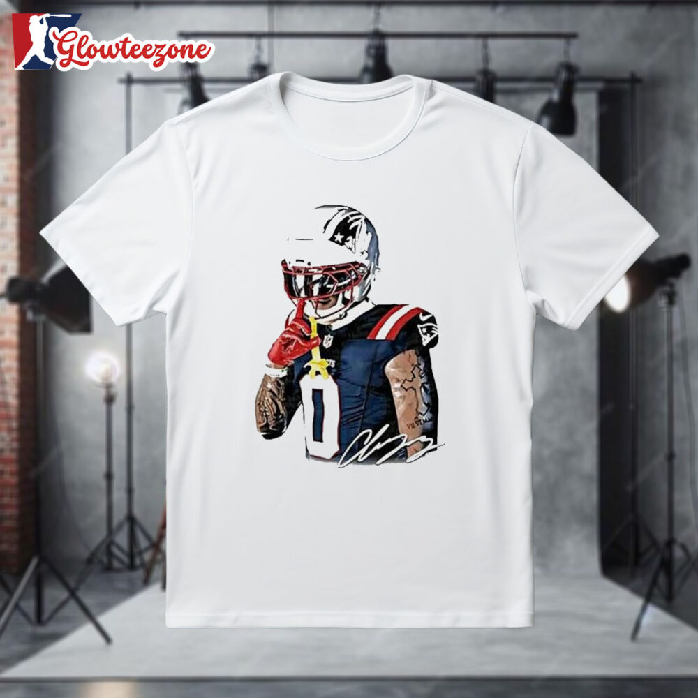 Christian Gonzalez New England Patriots Number Zero Quiet Shh Gesture Helmet Tattoo Graphic Shirt 1