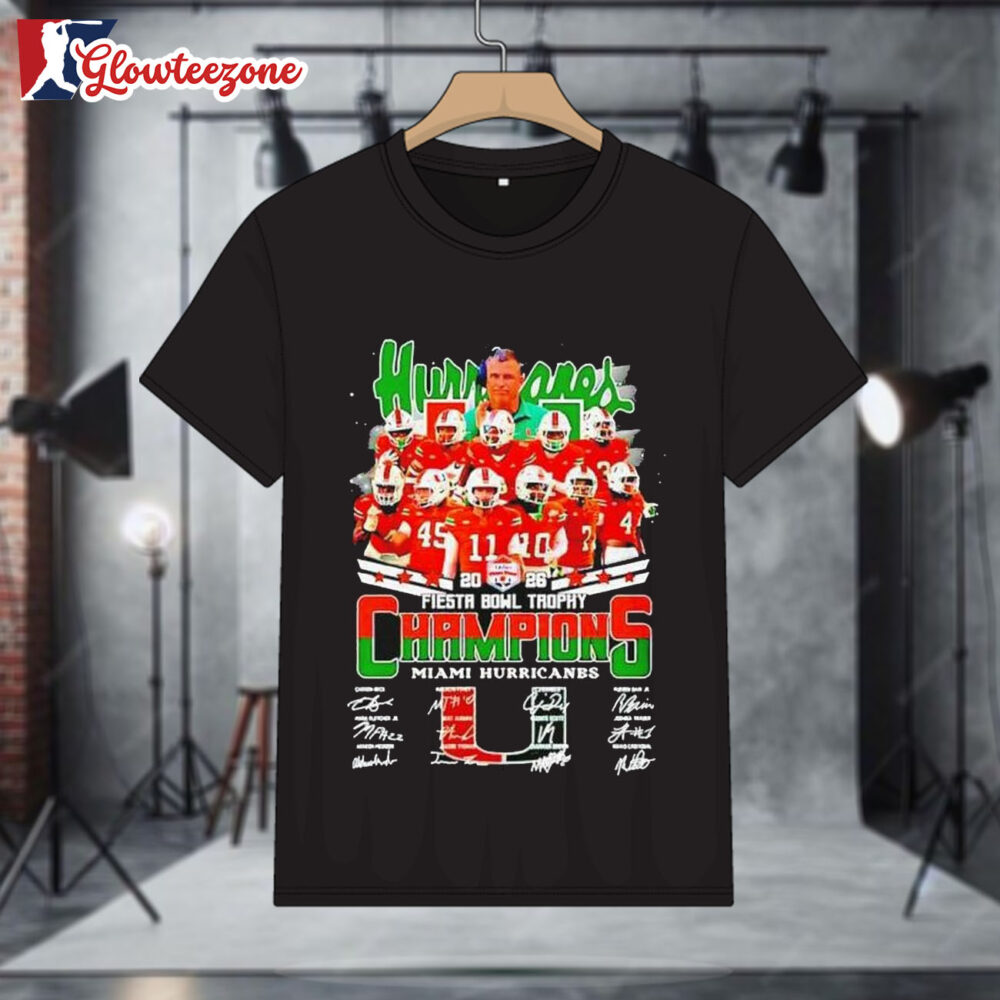 Miami Hurricanes 2026 Fiesta Bowl Champions Signatures Team Graphic Shirt 1