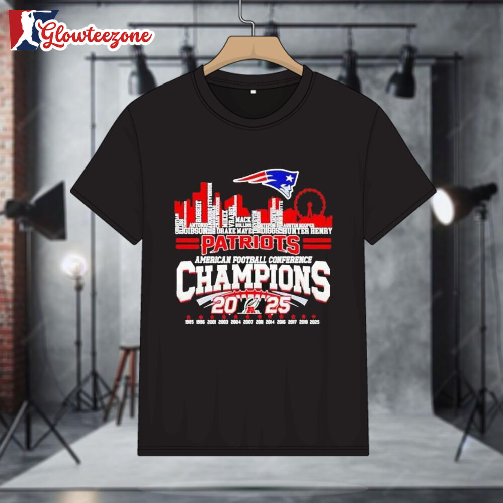New England Patriots AFC Champions 2025 12 Time Player Name City Skyline Shirt 1