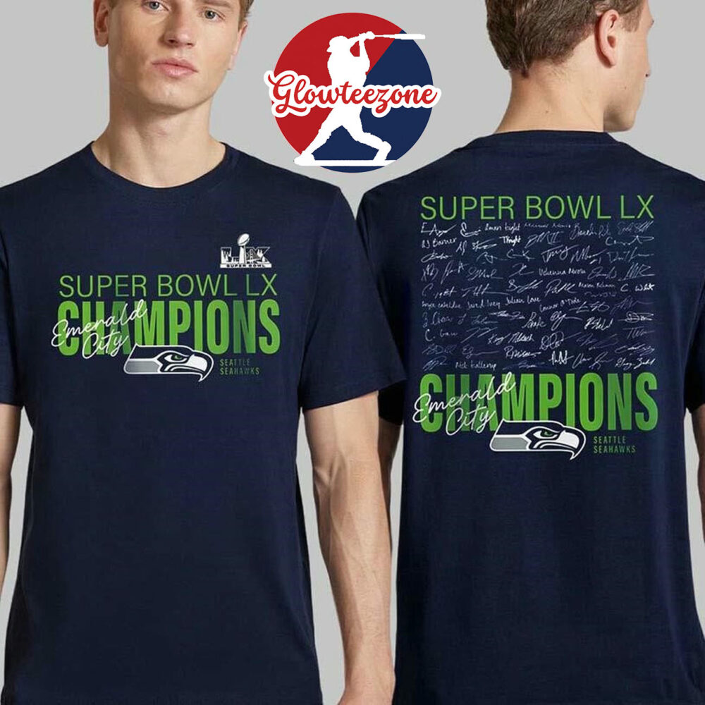 Seattle Seahawks Emerald City Fanatics Super Bowl LX Champions Autograph Signing Roster Two Sided Shirt