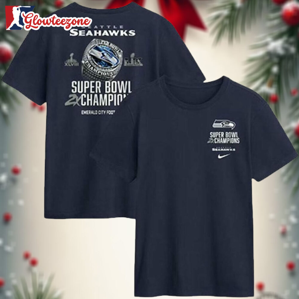Seattle Seahawks Nike Two Time Super Bowl LX Champions Downtown Ring Club Two Sided Shirt