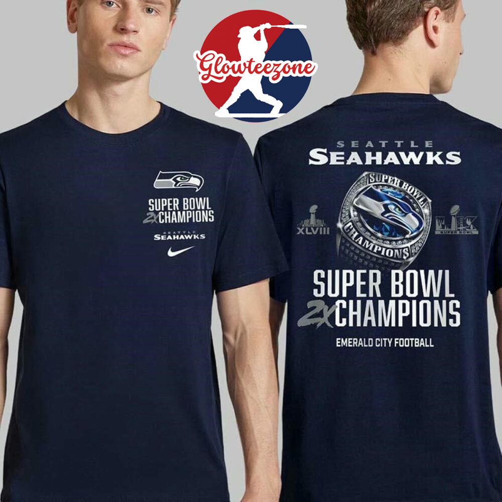 Seattle Seahawks Nike Two time Super Bowl Champions Super Bowl LX Downtown Ring Club Two Sided Shirt