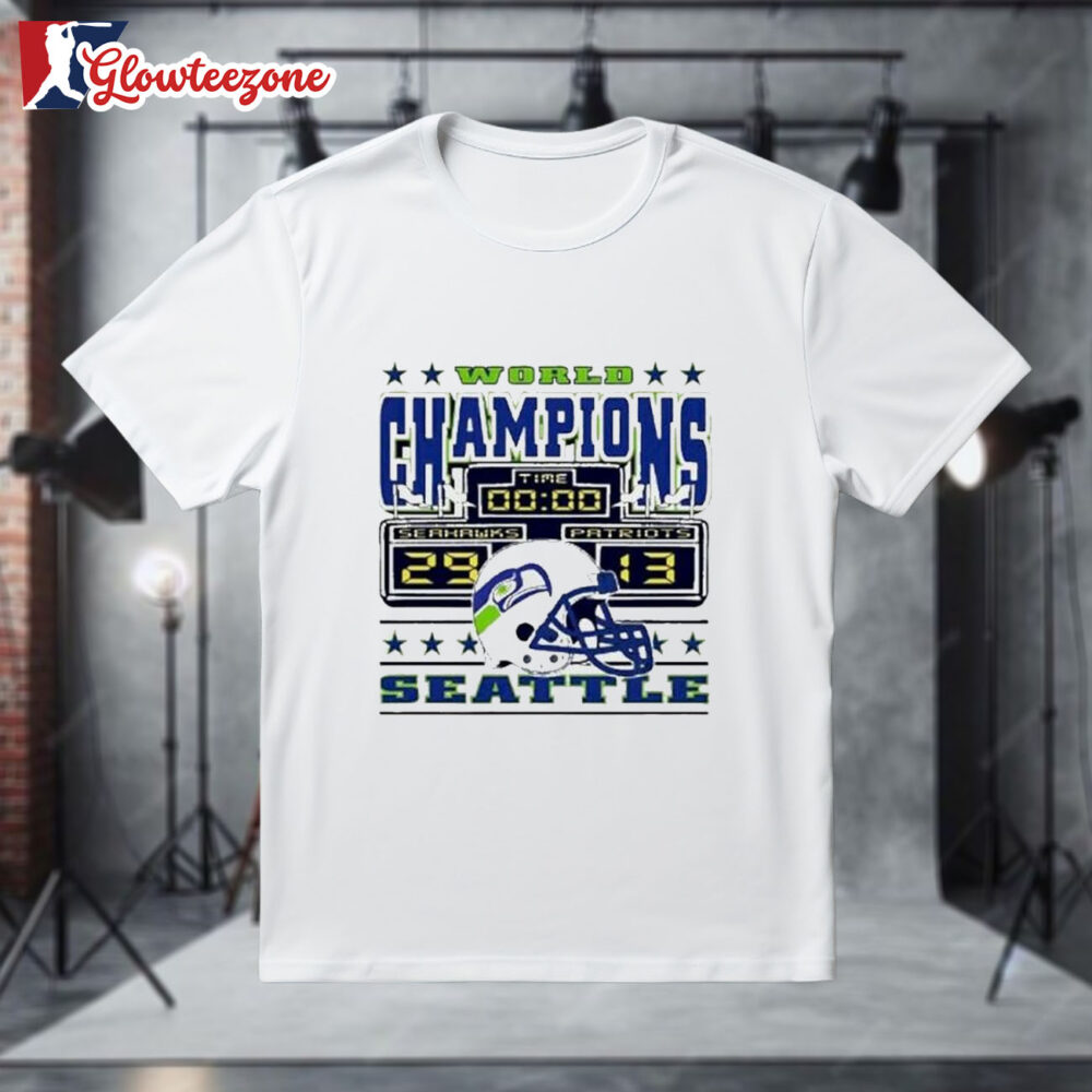World Champions Seattle Seahawks 29 Patriots 13 Scoreboard Helmet Shirt 1
